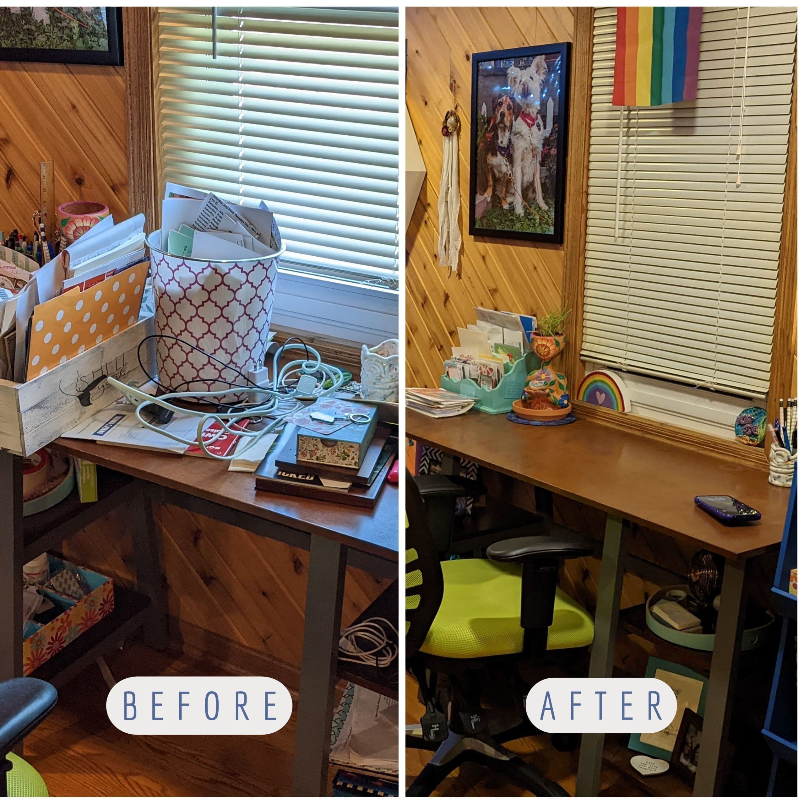 Before and after: cluttered space transformed into an organized room