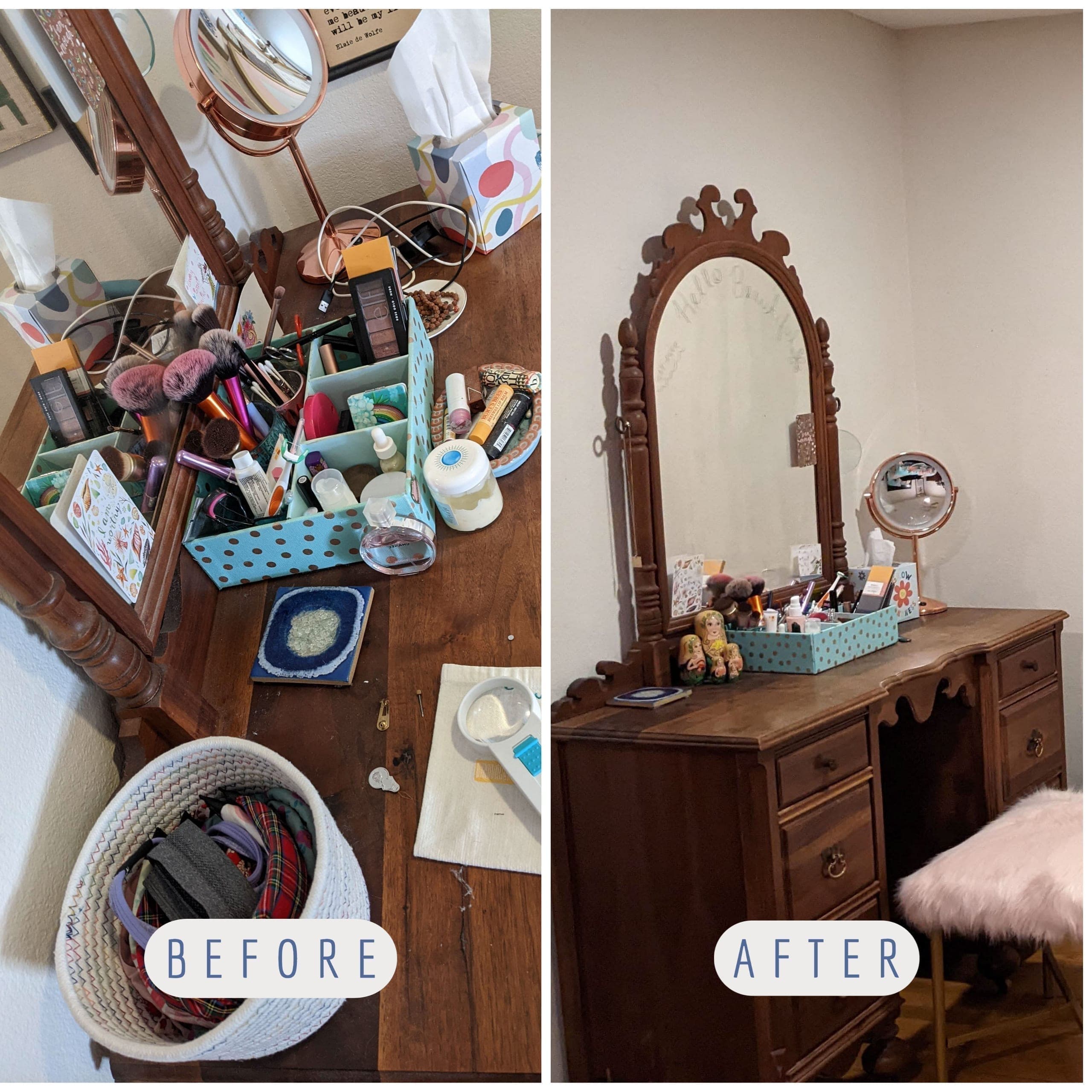 Before and after: disorganized storage area tidied and sorted