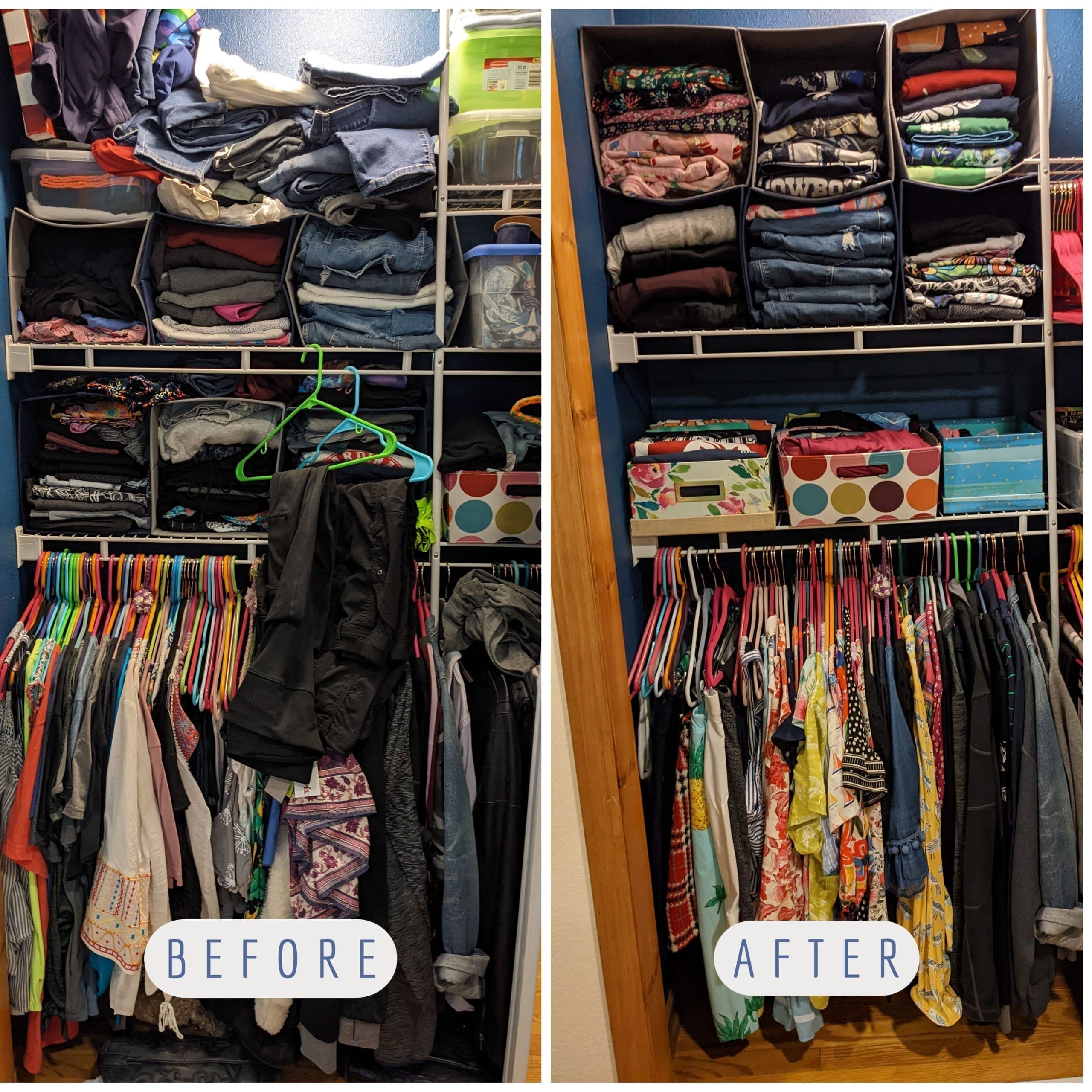 Before and after: overflowing closet decluttered and neatly arranged