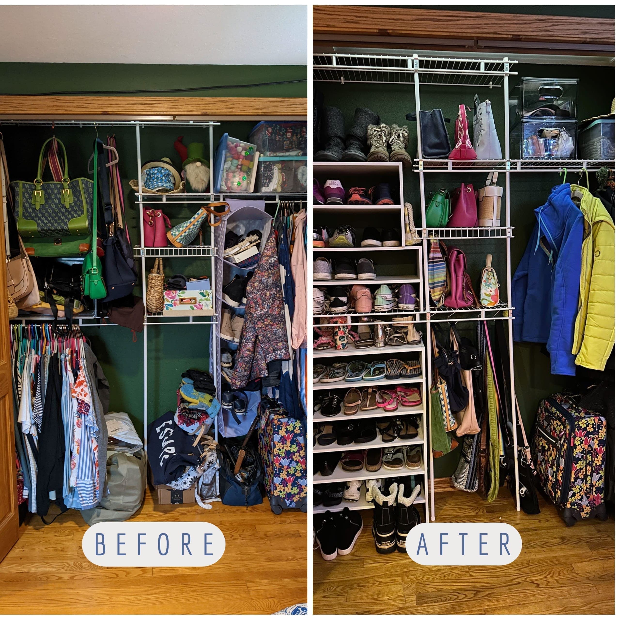 Before and after: messy living area cleared and thoughtfully organized